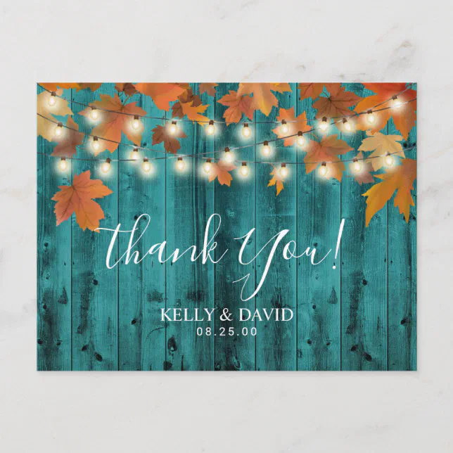 Rustic Autumn Leaves Teal Barn Wood Thank You Postcard | Zazzle