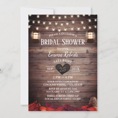 Rustic Autumn Leaves Vintage Lantern Bridal Shower Invitation