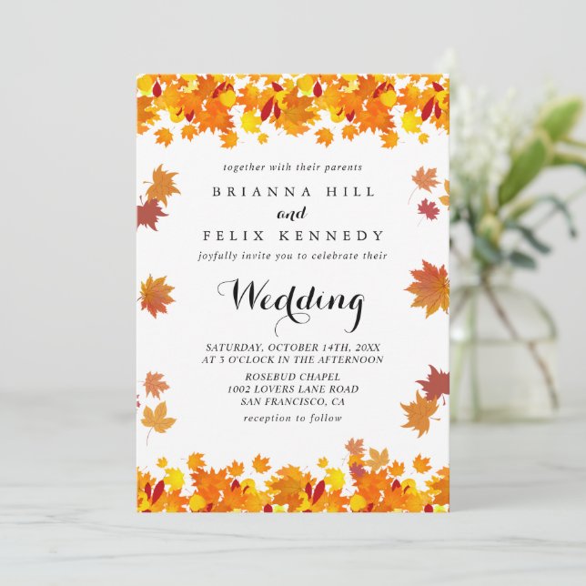 Rustic Autumn Leaves Wedding Invitation (Standing Front)