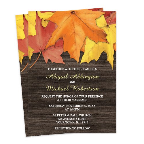 Rustic Autumn Leaves Wood Wedding Invitations