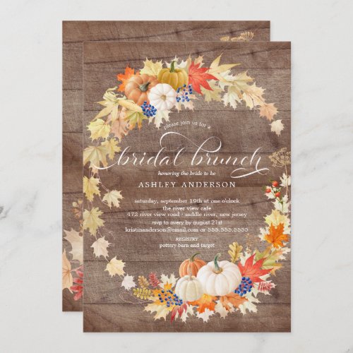 Rustic Autumn Leaves Wreath Bridal Shower Brunch Invitation