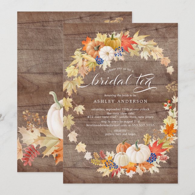 Rustic Autumn Leaves Wreath Bridal Shower Tea Invitation (Front/Back)