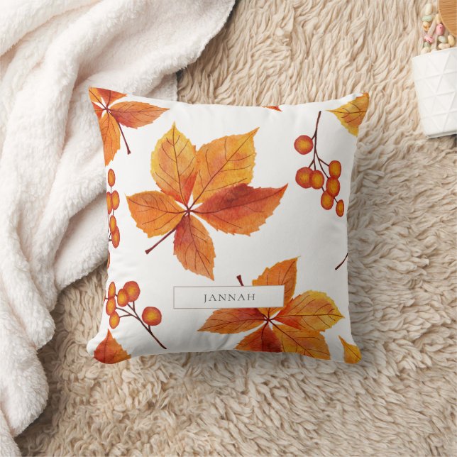 Rustic Autumn Maple Leaves Berry Botanical Pattern Throw Pillow (Blanket)