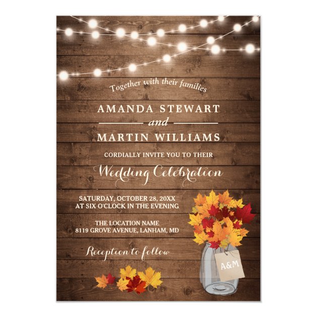 Rustic Autumn Maple Leaves String Lights Wedding Invitation