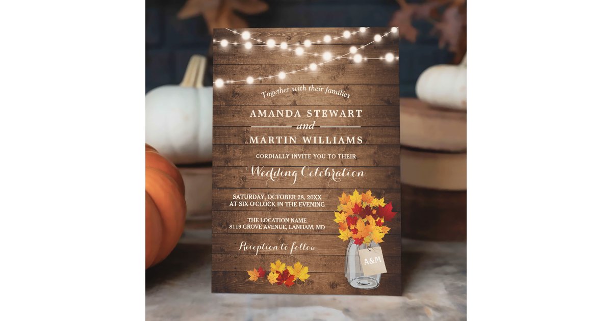 Rustic Autumn Maple Leaves String Lights Wedding Invitation | Zazzle