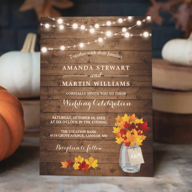 Rustic Autumn Maple Leaves String Lights Wedding Invitation