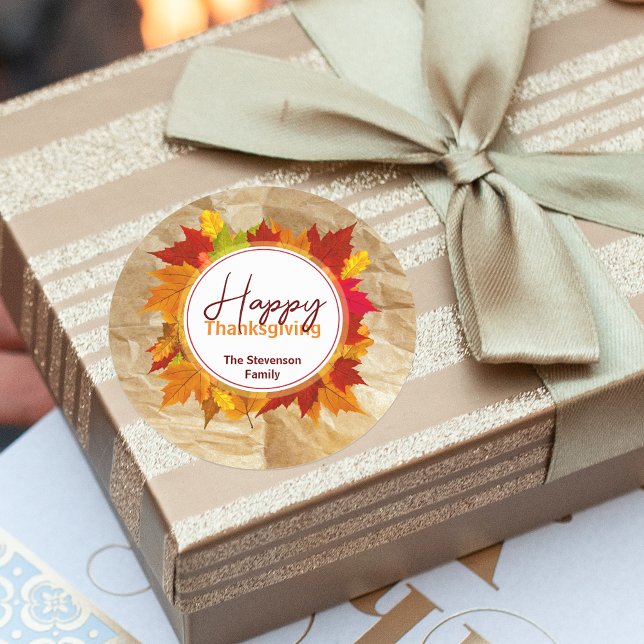 Rustic Autumn Maple Leaves Thanksgiving Favor Classic Round Sticker (Creator Uploaded)