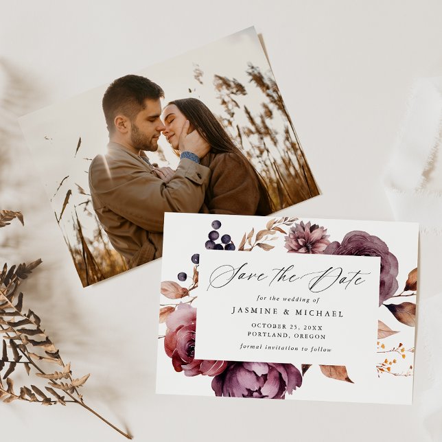 Rustic Autumn Marsala Floral Calligraphy Wedding Save The Date (Creator Uploaded)