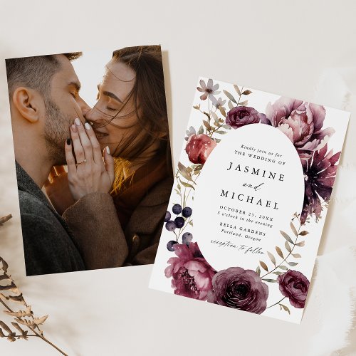 Rustic Autumn Marsala Floral Frame Photo Wedding Invitation