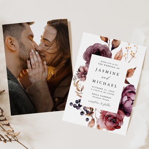 Rustic Autumn Marsala Floral Frame Photo Wedding Invitation