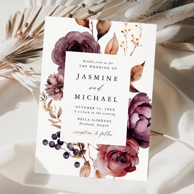 Rustic Autumn Marsala Floral Frame Wedding Invitation (Creator Uploaded)