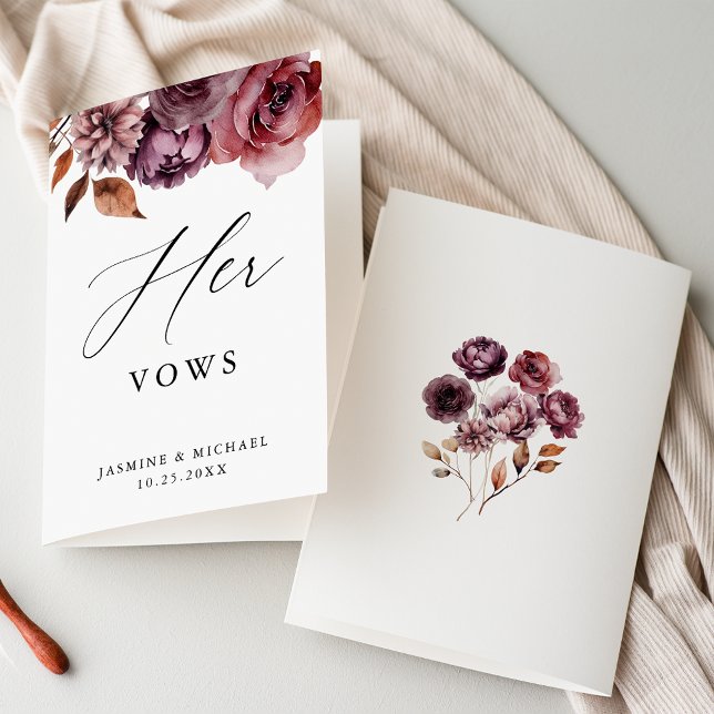 Rustic Autumn Marsala Floral Her Wedding Vows Card (Front and back views of the Rustic Autumn Marsala Floral "her" vow book.)
