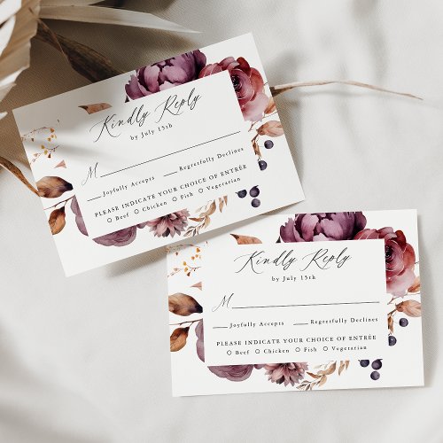 Rustic Autumn Marsala Floral Meal Choice Wedding RSVP Card