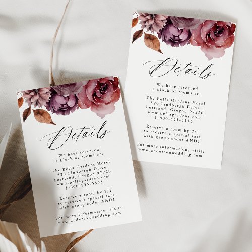 Rustic Autumn Marsala Floral Wedding Details Enclosure Card
