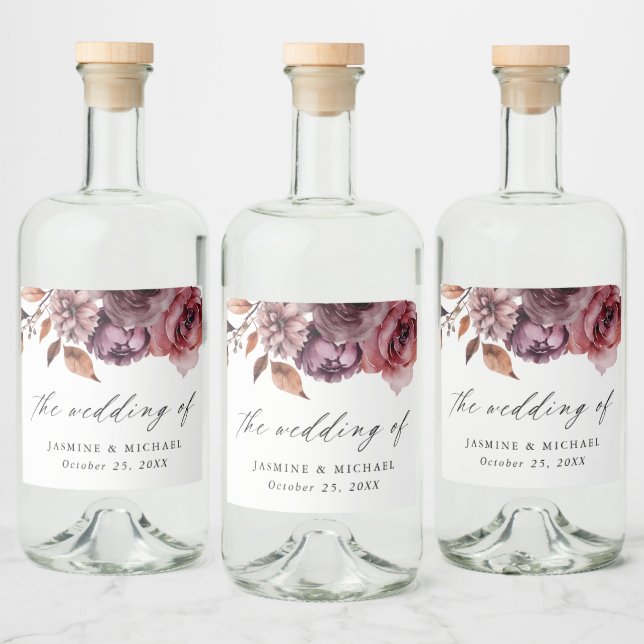 Rustic Autumn Marsala Floral Wedding Liquor Bottle Label (Bottles)