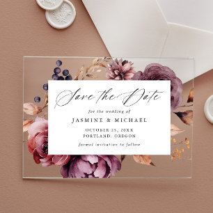 Rustic Autumn Marsala Floral Wedding Save the Date Acrylic Invitations