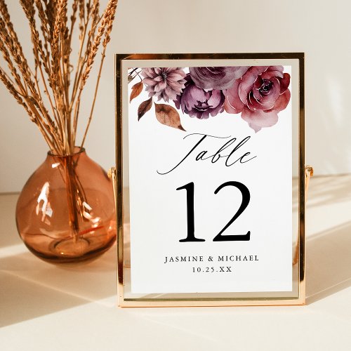 Rustic Autumn Marsala Floral Wedding Table Number