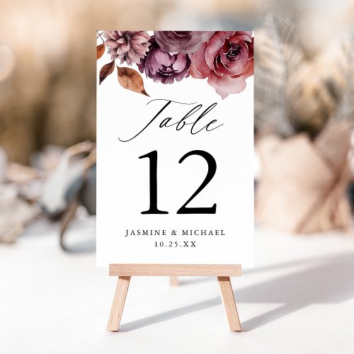 Rustic Autumn Marsala Floral Wedding Table Number