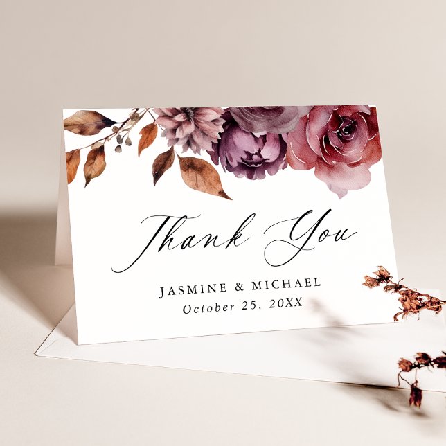 Rustic Autumn Marsala Floral Wedding Thank You Card (Creator Uploaded)