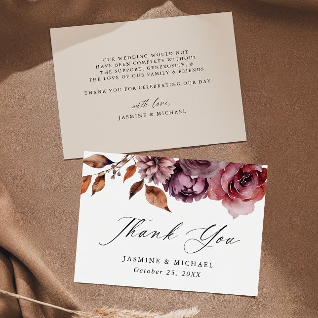 Rustic Autumn Marsala Floral Wedding Thank You Card (Creator Uploaded)