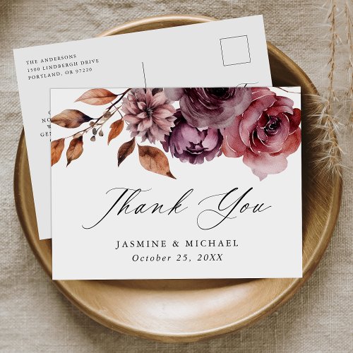 Rustic Autumn Marsala Floral Wedding Thank You Postcard