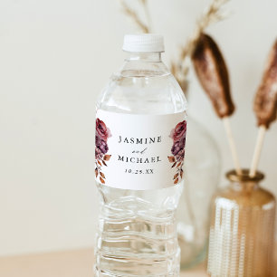 Rustic Autumn Marsala Floral Wedding Water Bottle Label