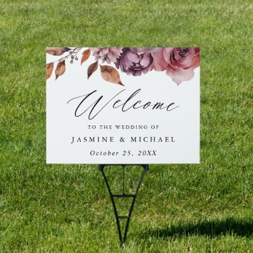 Rustic Autumn Marsala Floral Wedding Welcome Sign
