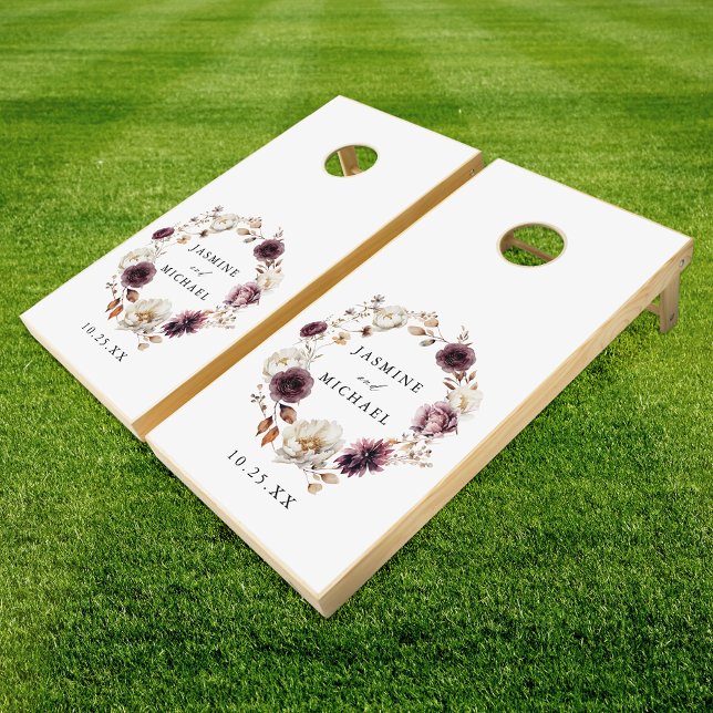 Rustic Autumn Marsala Floral Wreath Wedding Cornhole Set (Creator Uploaded)