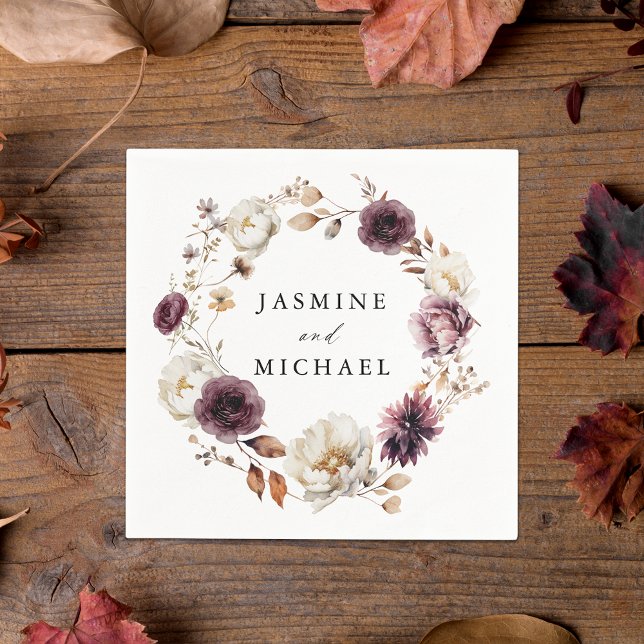 Rustic Autumn Marsala Floral Wreath Wedding Napkins (Creator Uploaded)