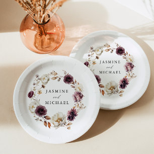 Rustic Autumn Marsala Floral Wreath Wedding Paper Plates
