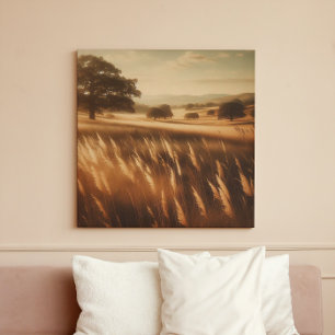 Rustic Autumn Meadow Art on Wood Grain Texture