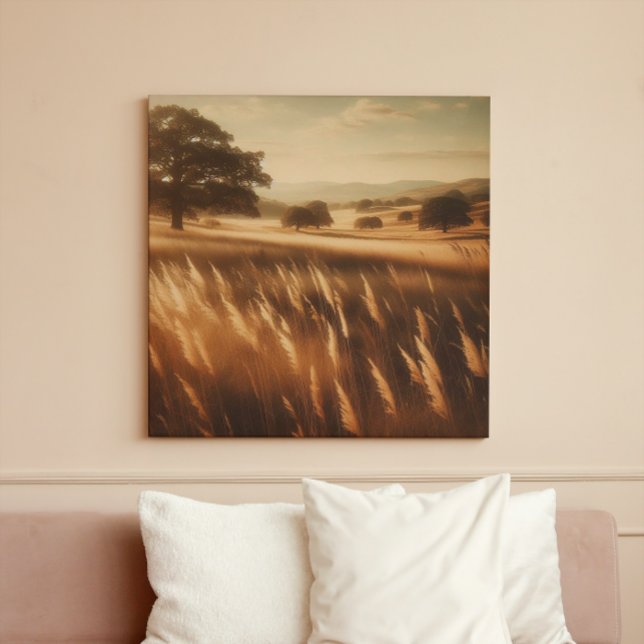 Rustic Autumn Meadow Art on Wood Grain Texture (Vast Meadow Serenity. High-quality Pastoral Art Print. #OpenField #CalmingDecor

)