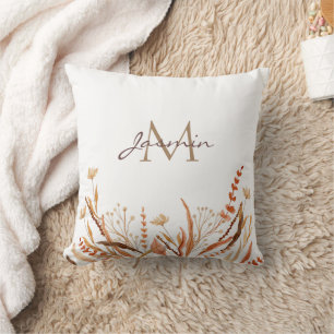 Rustic Autumn Meadow Monogram Name Throw Pillow