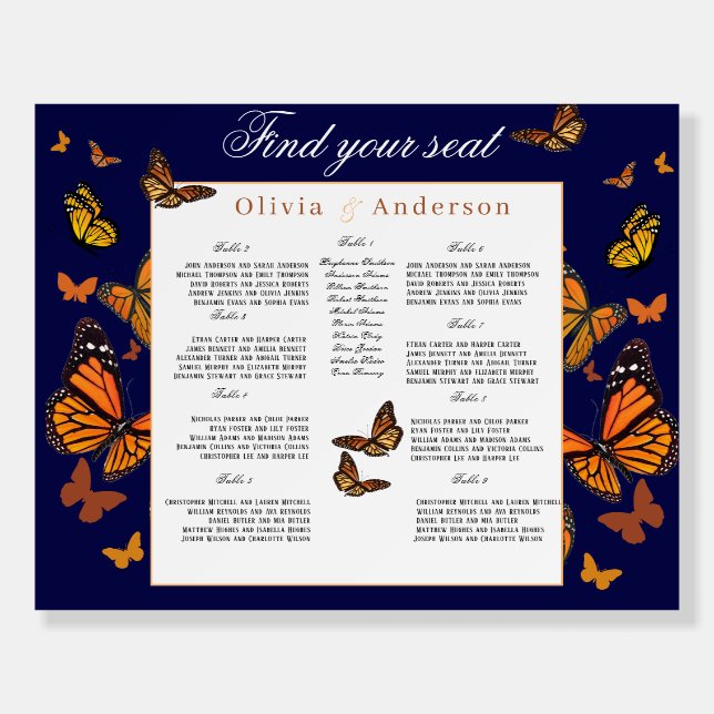 Rustic Autumn Monarch Butterfly Navy Seating Chart Foam Board (Front)
