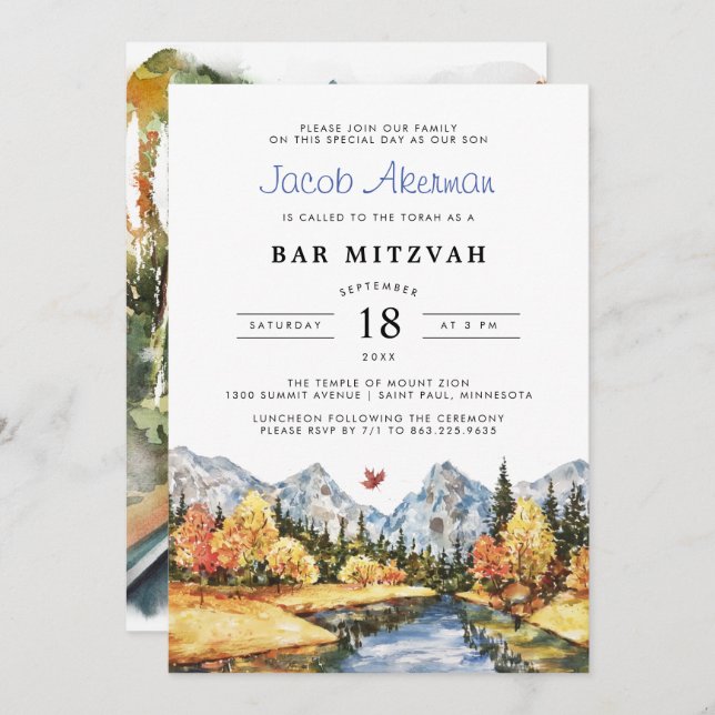 Rustic Autumn Mountain Bar Mitzvah Invitation (Front/Back)