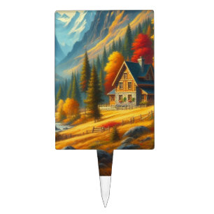 Rustic, Autumn mountain cottage & river Cake Topper
