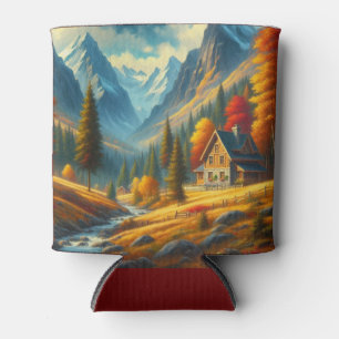 Rustic, Autumn mountain cottage & river Can Cooler