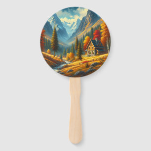 Rustic, Autumn mountain cottage & river Hand Fan
