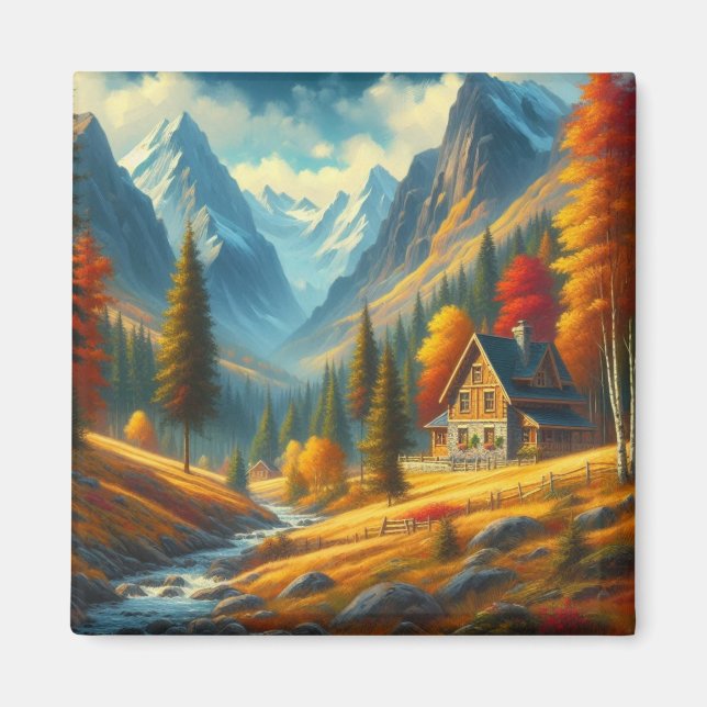 Rustic, Autumn mountain cottage & river Magnet (Front)