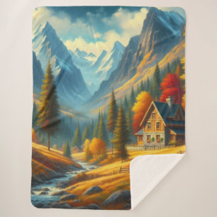 Rustic, Autumn mountain cottage & river Sherpa Blanket
