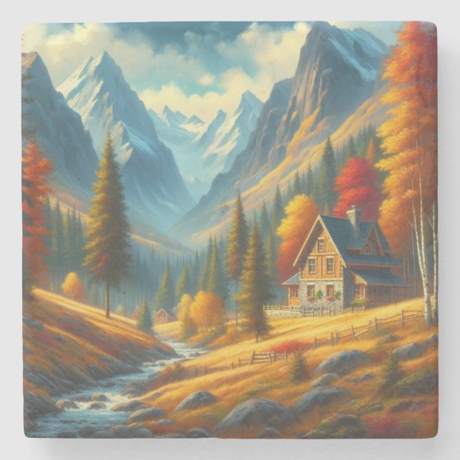 Rustic, Autumn mountain cottage & river Stone Coaster (Front)