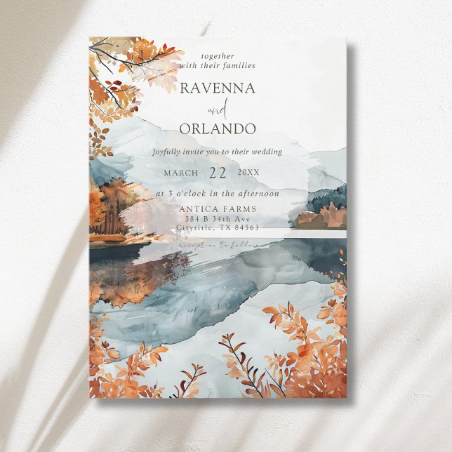 Rustic Autumn Mountain Lake Fall Wedding Invitation (Creator Uploaded)