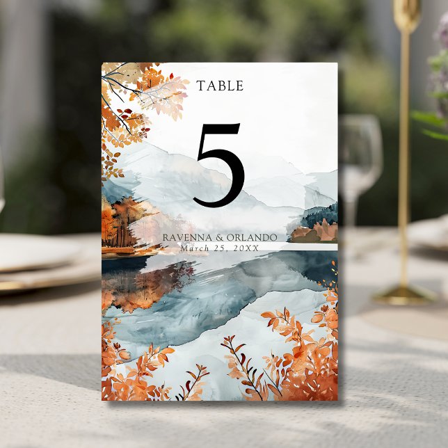 Rustic Autumn Mountain Lake Fall Wedding Table Number (Creator Uploaded)