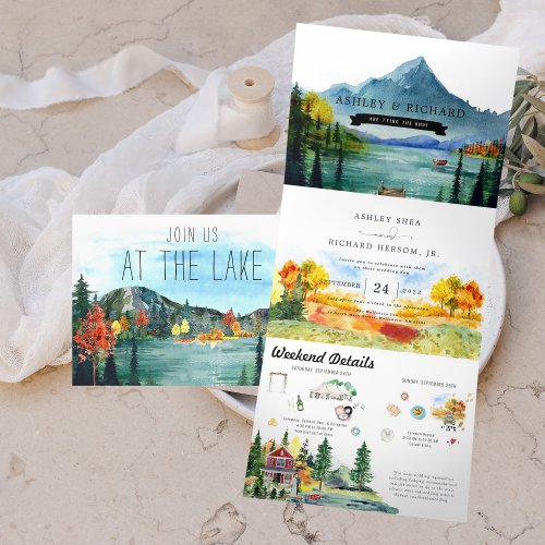 Rustic Autumn Mountain Lake  Illustrated Wedding Tri_Fold Invitation