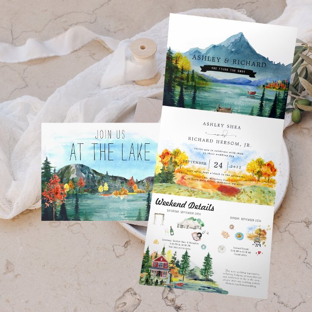 Rustic Autumn Mountain Lake | Illustrated Wedding Tri-Fold Invitation (Creator Uploaded)