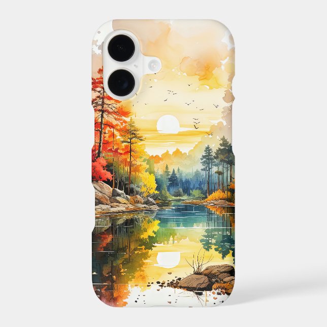 Rustic Autumn On the Pond Illustration Art iPhone Case (Back)