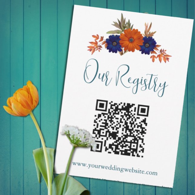 Rustic Autumn Orange Blue Floral Wedding Registry Enclosure Card (Creator Uploaded)