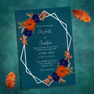 Rustic Autumn Orange Navy Blue Floral Engagement Foil Invitation