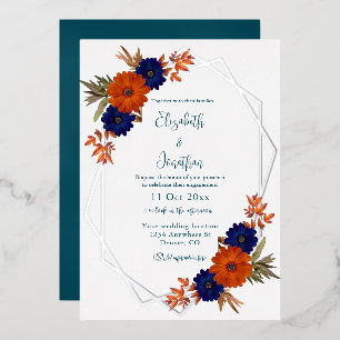 Rustic Autumn Orange Navy Blue Floral Engagement Foil Invitation