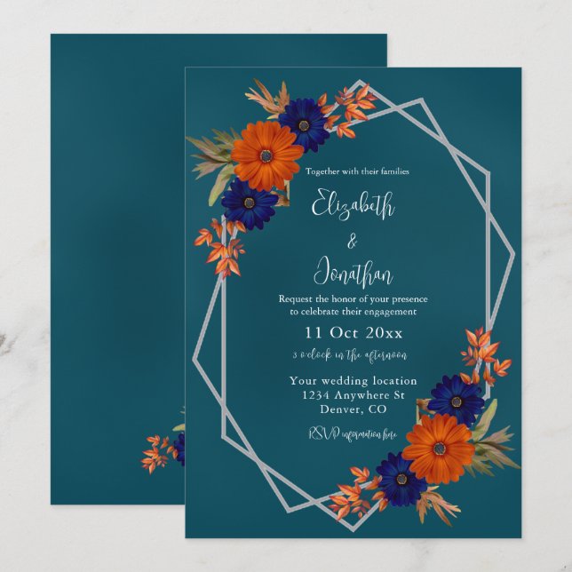 Rustic Autumn Orange Navy Blue Floral Engagement Invitation (Front/Back)